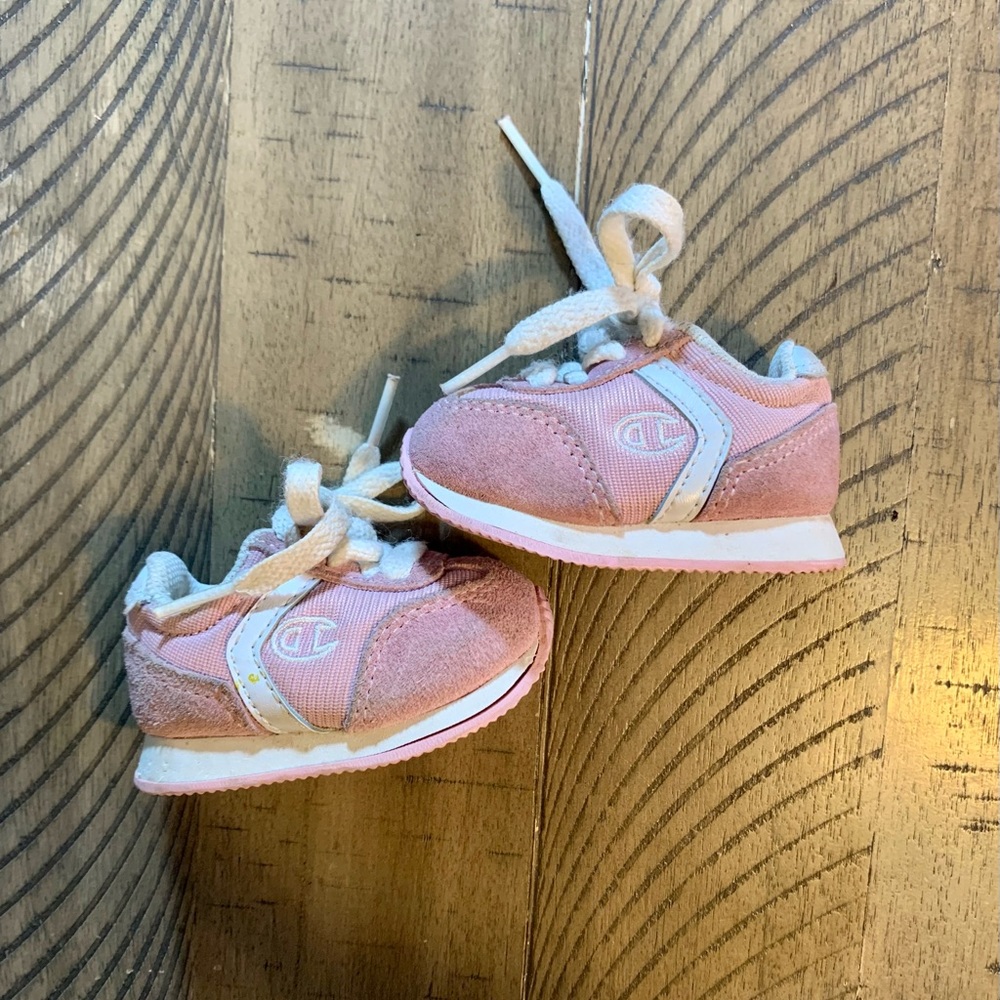 Champion Lace Up Sneakers Nylon and Leather baby sz 1 Lt Pink and White - Picture 3 of 5